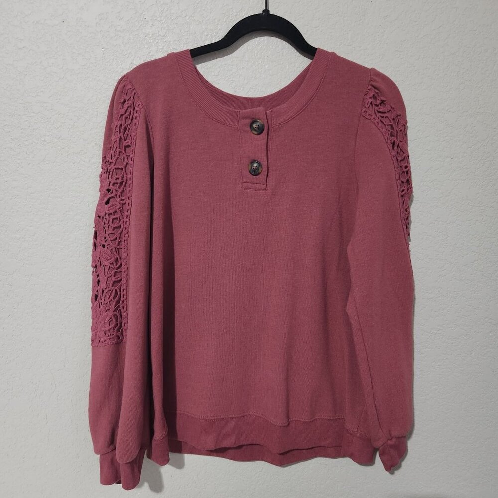 Knox Rose Blouse Large Pink Long Sleeve Crochet Lace Sleeves Boho Cottagecore